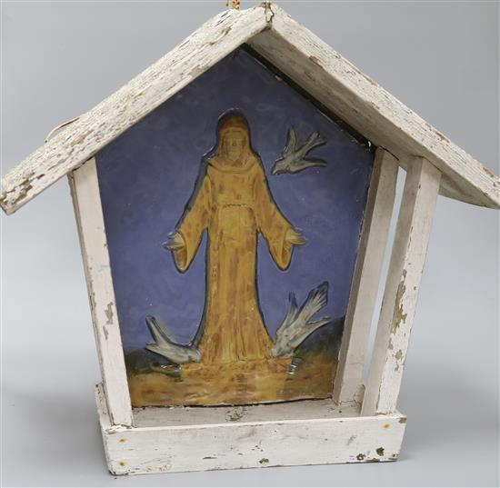 A Della Robbia style shrine with religious plaque and original frame width 47cm height 43cm depth 19cm